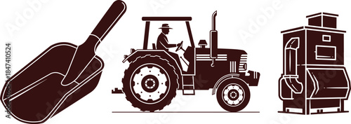 Scoop, Tractor with Farmer, and Grain Processing Machine Silhouette Icons shovel tool