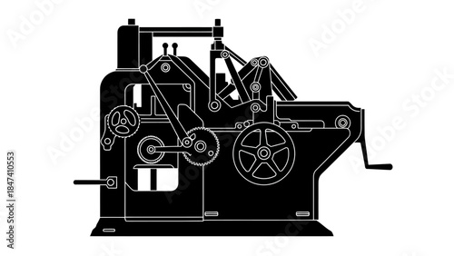 Intricate industrial printing press or manufacturing machine with gears levers and mechanical parts in detailed black and white illustration