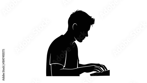Silhouette of focused young man typing on keyboard or playing piano illustrating concentration and engagement with task