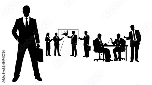Business people silhouettes vector illustration with a prominent businessman standing in the foreground and various business activities in the background