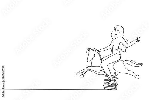 Continuous line drawing of a girl riding a spring horse toy, symbolizing joy and playful freedom, created in a health concept for the theme of National Making Life Beautiful Day.