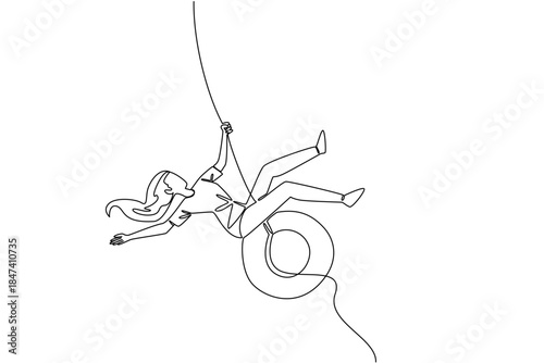 Single line drawing of a young woman swinging on a rubber tire, capturing playful energy and carefree joy, created as a lifestyle concept for National Making Life Beautiful Day.
