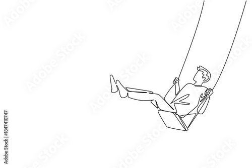 Continuous line drawing of a young man joyfully swinging high, symbolizing freedom, happiness, and the celebration of National Making Life Beautiful Day in a lifestyle concept.