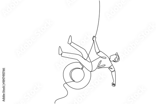 One line drawing of a young man swinging on a tire swing, symbolizing fun, relaxation, and the cheerful spirit of National Making Life Beautiful Day in a lifestyle concept.