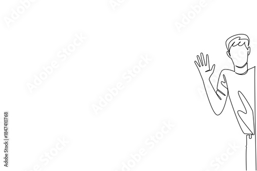 Single line draw of a young man on casual wear waving with an open hand, greet from behind wall, show friendliness and connection. Supports Say Hi Day as a business concept for global communication.