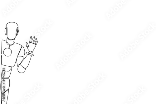 Single line draw of a futuristic robot waving in a friendly manner from behind the wall, symbolizing human tech interaction. Say Hi Day as a science concept to show communication and innovation.