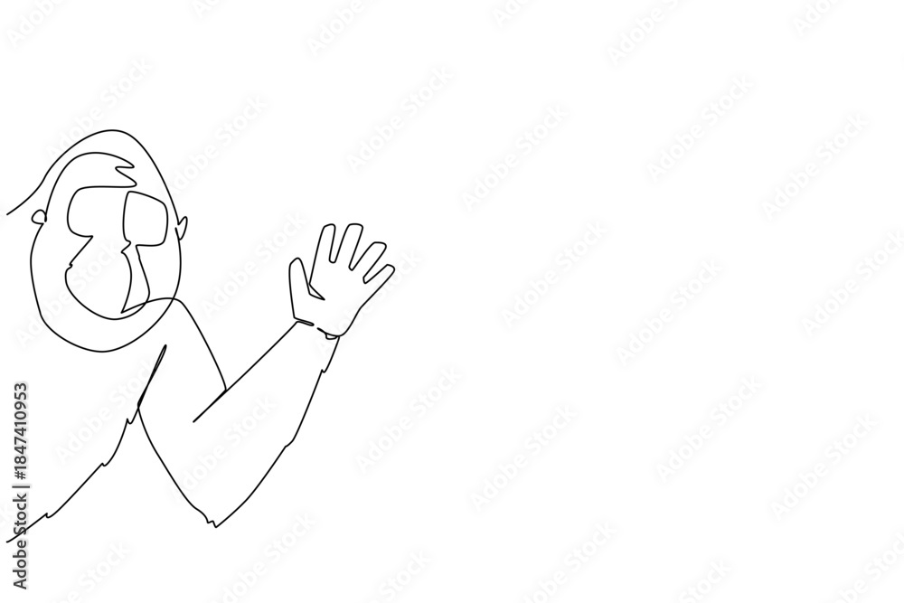 Fototapeta premium Single line draw of a gorilla waving its hand from behind the wall, designed in a minimalist style. This artwork symbolizes strength and awareness for International Primate Day within a nature concept