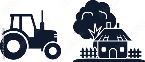 Silhouettes of a tractor and a rustic house with a tree on a white background farm agriculture
