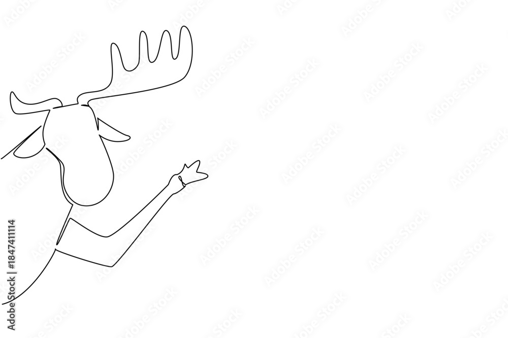 Fototapeta premium Single line drawing shows a moose waving behind leg a wall, designed as a creative nature concept for International Wildlife Day, symbolizing wilderness and animal beauty in art style.