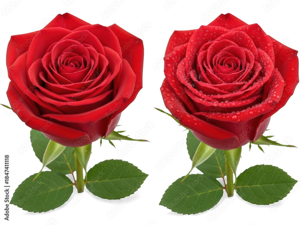 Naklejka premium Two red roses with and without dew, isolated on transparent background