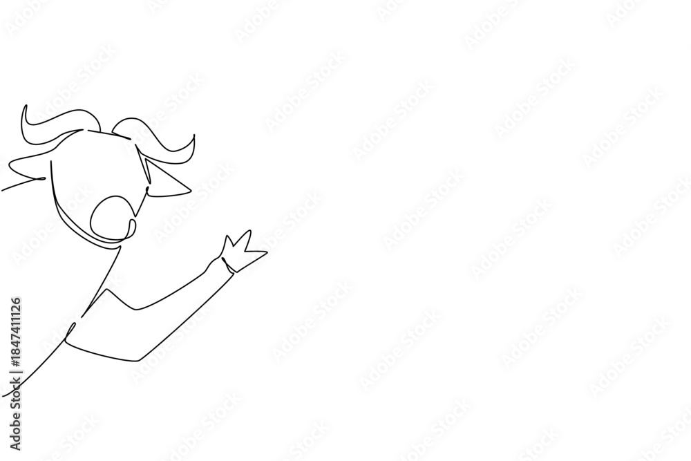 Fototapeta premium One line drawing artwork portrays a buffalo waving leg behind a wall, as a symbolic design concept for International Buffalo Day, reflecting wildlife appreciation and creative minimalist art.