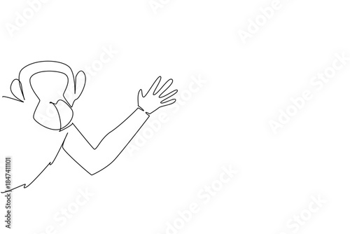 Continuous line drawing of a chimpanzee waving hand behind the wall, symbolizing playful wildlife. Created as an art concept for International Animal Day, highlighting animal charm.