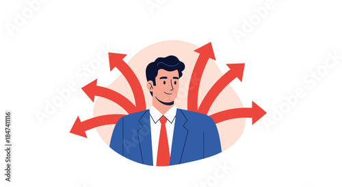 A confident businessman stands surrounded by multiple red arrows pointing in different directions, symbolizing choices, opportunities, and decision-making.