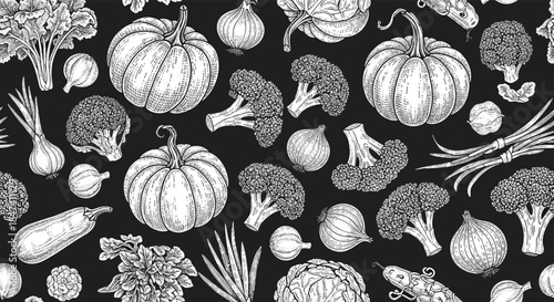 A seamless pattern of hand-drawn, vintage-style vegetables including pumpkins, broccoli, and onions in white on a black background.
