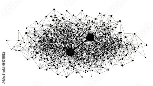 Complex network connection with many small nodes and two large central nodes representing data communication global web or social media
