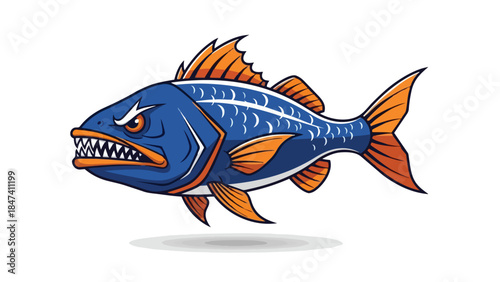 An aggressive blue and orange cartoon fish with menacing teeth and an angry expression swims ready to strike through aquatic environments with great