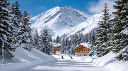 Skiers enjoying winter landscape in Austrian Alps ski resort