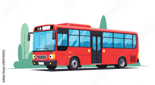 A friendly-looking red city bus with cartoon eyes is shown against a simple background of green bushes, representing public transportation.