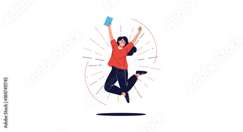 An energetic and happy young woman jumping for joy while holding a book or diploma, symbolizing success, achievement, and celebration.