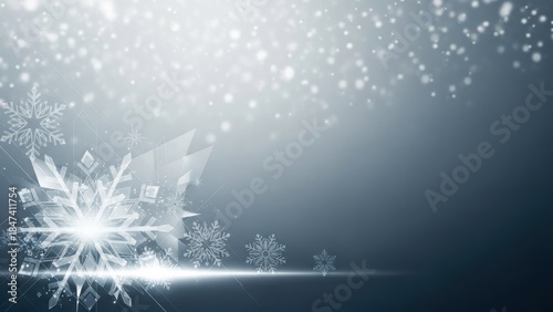 Elegant winter season backdrop featuring glistening snowflakes and a soft, silvery gradient
