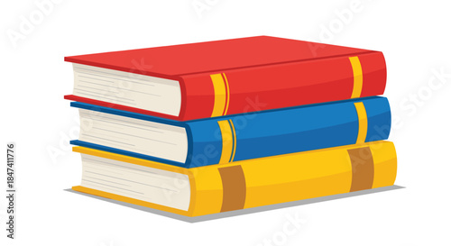 A colorful stack of three thick hardcover books in red, blue, and yellow, representing education, knowledge, and learning in a library or school.