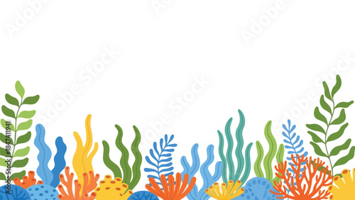 Vibrant coral reef illustration featuring diverse aquatic plants and colorful seaweed creating a lively under-the-sea border design for various