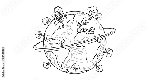 A black and white line art drawing of planet Earth with trees and an orbital ring, suitable for an ecology-themed coloring book page.