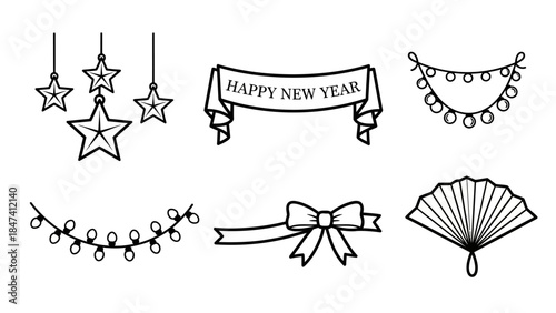 Set of new year decoration outline icons including hanging stars, happy new year banner, festive garlands, decorative bow, and hand fan for celebration