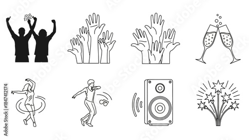 People celebrating new year with raised hands champagne glasses dancing speaker and fireworks festive party elements thin line symbols vector illustration