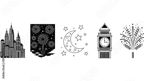 Urban landscape with towering skyscrapers and city buildings in abstract black and white silhouette, celebrating festive occasions with fireworks