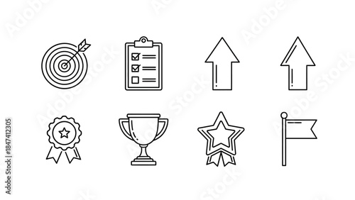 Achievement and success icons set including a target with an arrow, a checklist, two upward arrows, a medal, a trophy, a star with a ribbon, and a flag