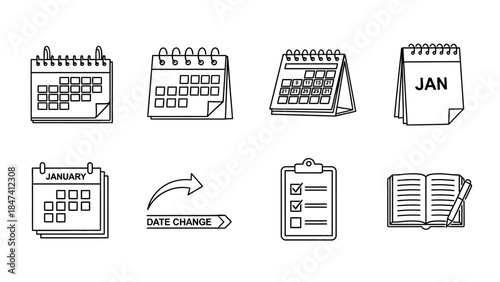 Calendar and planning icons set including various calendar designs, a date change arrow, a checklist, and an open book with a pen