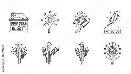 New year and fireworks icons set featuring a house with a new year sign, various firework displays, and different firecracker designs
