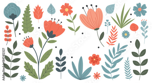 A beautiful and large set of hand-drawn flowers and leaves in a charming, flat, doodle style, perfect for various decorative designs.