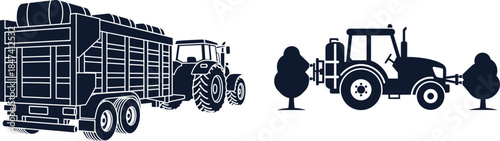 Tractor pulling a large trailer and a tractor with trees agriculture farming