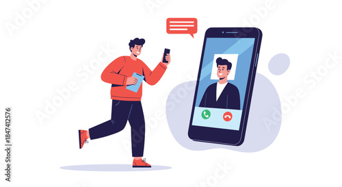 A young man walks while making a video call to a friend or colleague who appears on a large, floating smartphone screen.