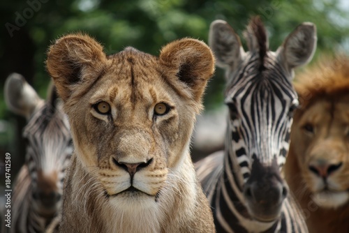 Lion and Zebra Portraits in African Wildlife Setting