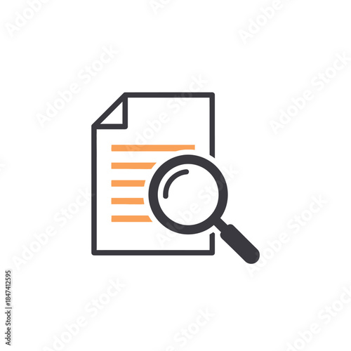 Magnifying glass over a document, symbolizing research, analysis, and examination of information or data for discovery