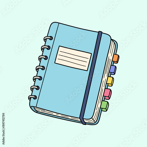 Blue Spiral Notebook with Colorful Tabs and Elastic Band.