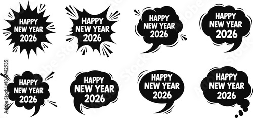 Happy new year 2026 greeting speech bubbles