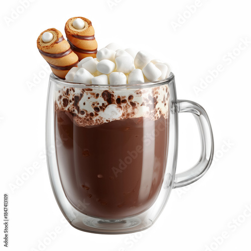 Double wall glass mug of hot chocolate with marshmallows and wafer rolls, isolated on transparent background.