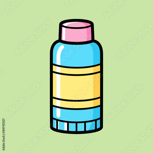 Simple Cartoon Illustration of a Blue Bottle with Yellow Label.