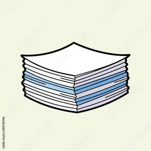 Stack of white and blue papers with a slight curve.