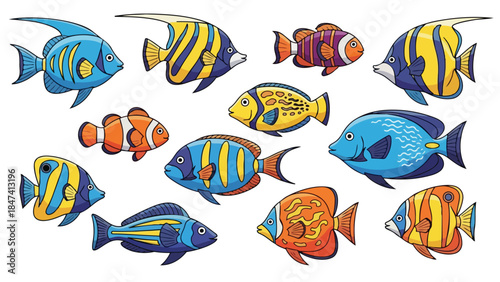 A vibrant array of beautifully illustrated tropical fish showcasing rich marine diversity with captivating colors and unique patterns. Ideal for