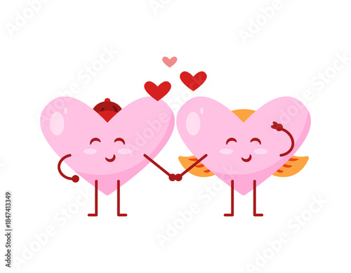 Illustration of a heart character of a girl and a boy holding hands and in love. feeling of love, romance, couple. Funny, cute, adorable character. Valentine's Day element. Flat style. White backgroun