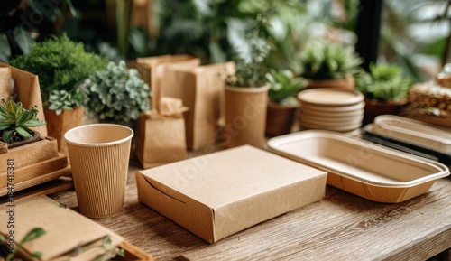 Eco friendly paper packaging and disposable tableware on a wooden table surrounded by plants.