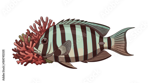 A striking horizontal striped marine fish illustration vibrant red coral forms a beautiful backdrop showcasing aquatic life in a captivating style