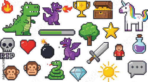 Pixel art game assets collection featuring dragons monsters icons items fantasy RPG elements isolated on white background retro style