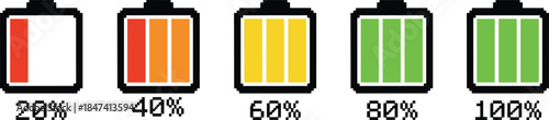 Pixel battery charge level icons set showing 20 40 60 80 100 percent energy status indicator, user interface graphic illustration
