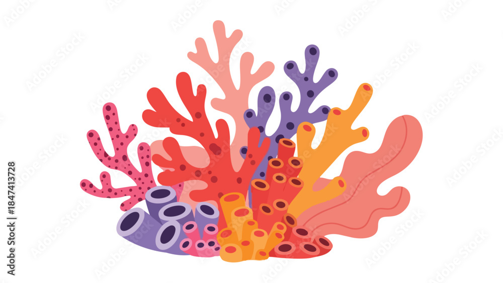 Fototapeta premium Colorful underwater coral reef ecosystem illustration with diverse marine flora in vibrant hues